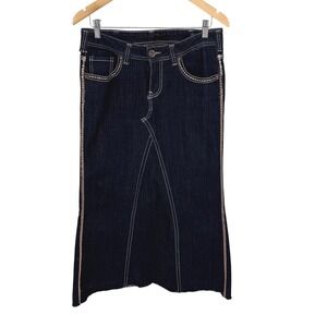 Cowgirl‎ Tuff Co Homemade Dark Wash Denim Maxi Skirt 30 Golden Stitch Detail